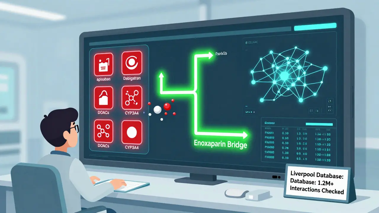 A hospital dashboard showing DOACs flashing red near Paxlovid, with a green enoxaparin bridge and AI monitoring system.
