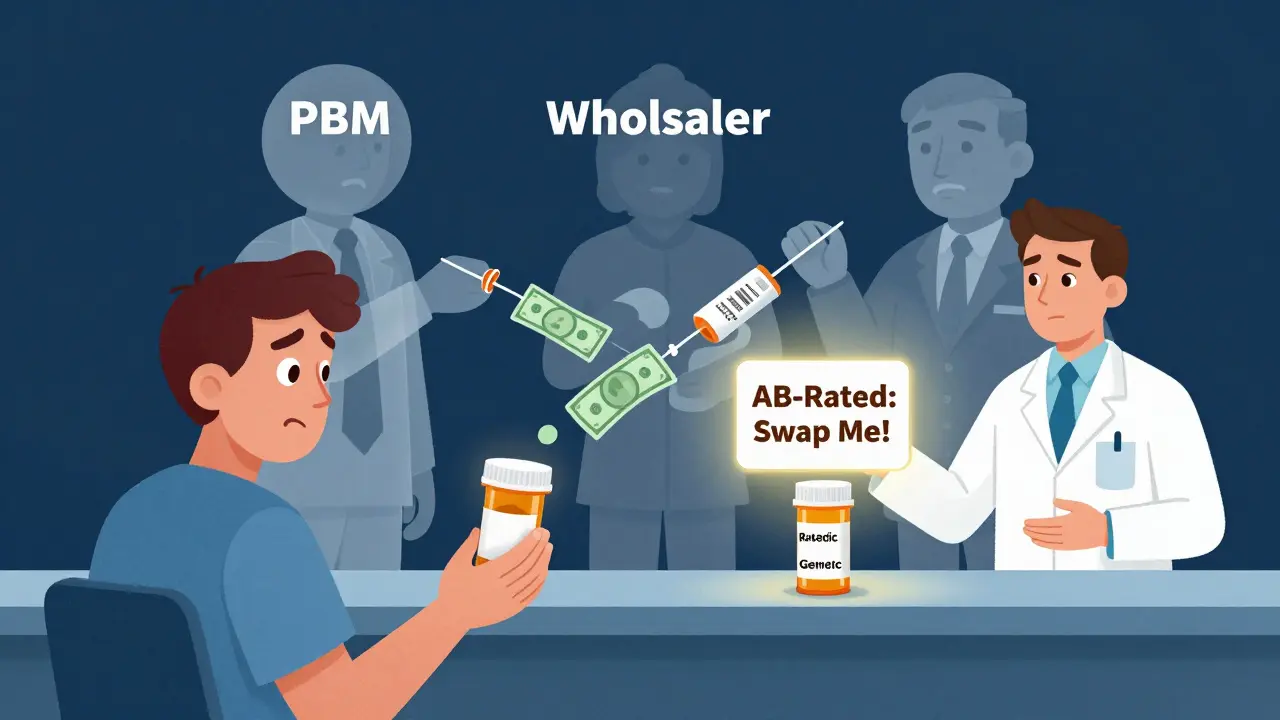 A patient with a prescription, overshadowed by corporate middlemen reducing savings, while a pharmacist offers a cheaper generic option.