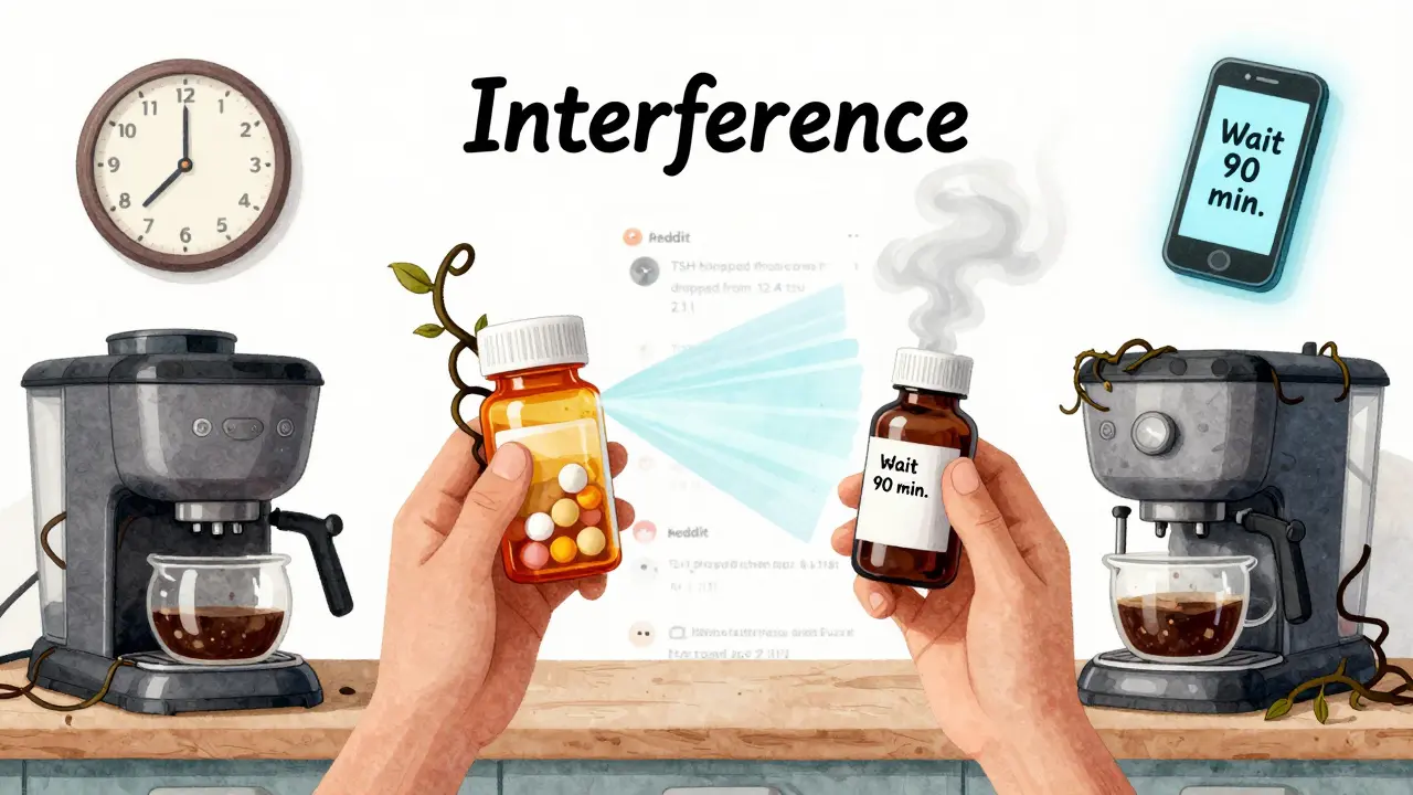 A person holds liquid vs. tablet levothyroxine, with liquid unaffected by coffee steam while tablet is blocked by interference vines.