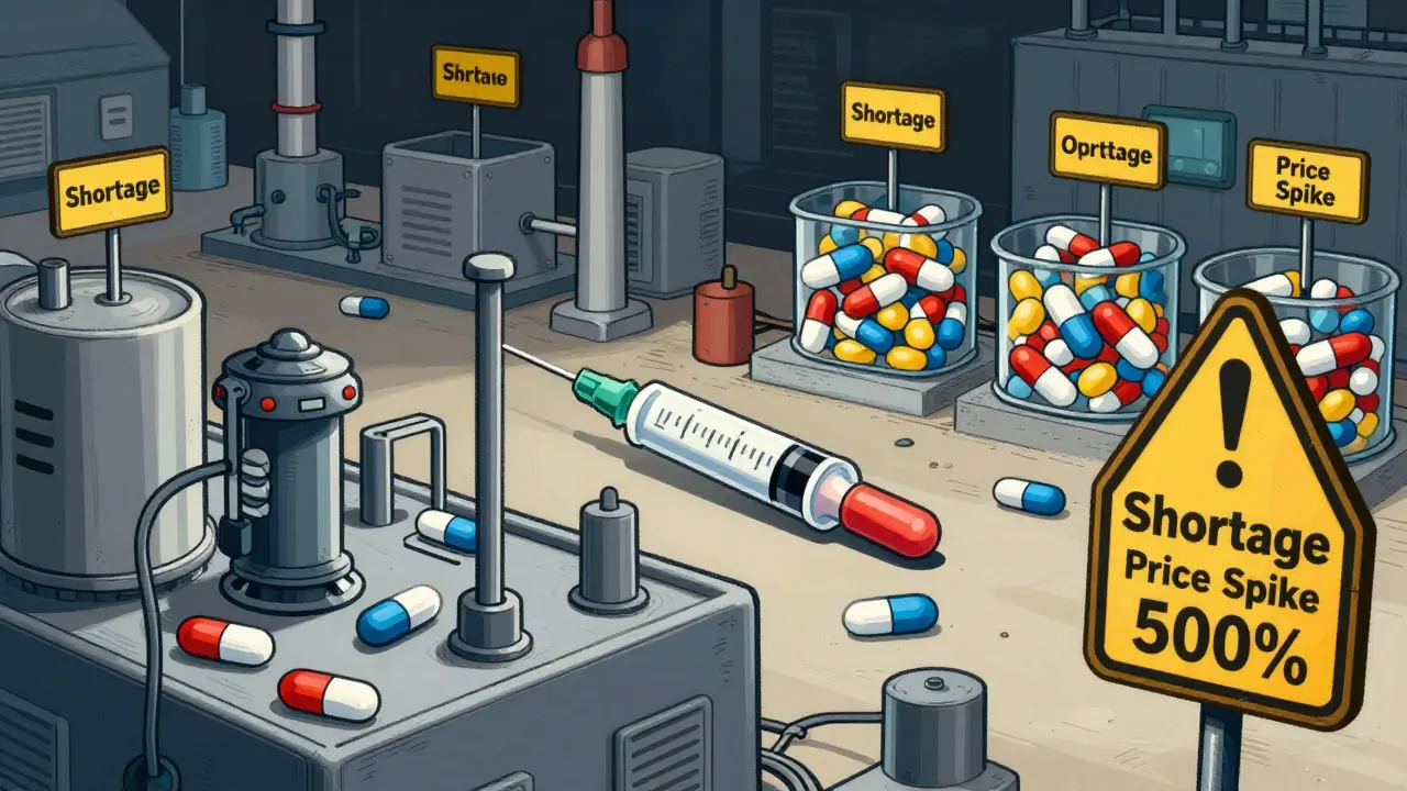 A single drug manufacturer facing shortage and price spike, contrasted with multiple producers ensuring low costs.