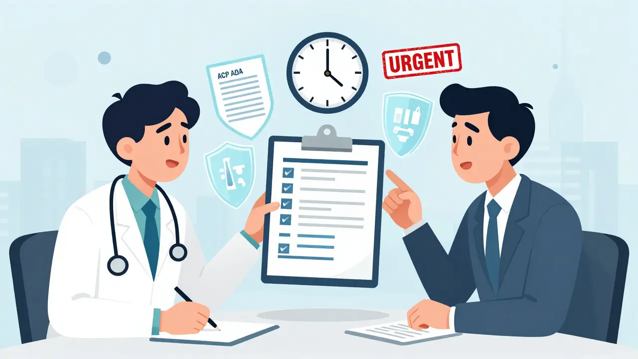 Doctor and insurance medical director having a peer-to-peer review with clinical data glowing between them.