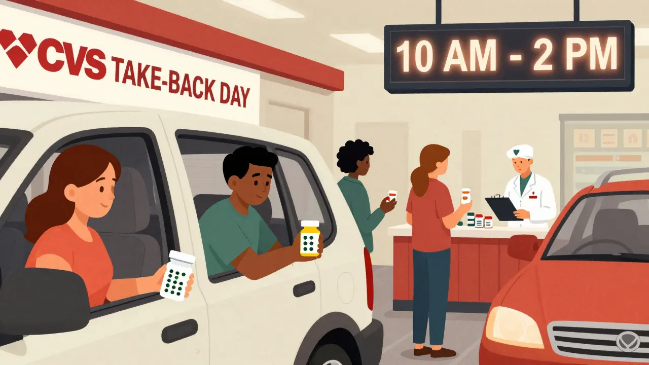 Drivers line up at a pharmacy to safely dispose of expired pills during a national take-back day.