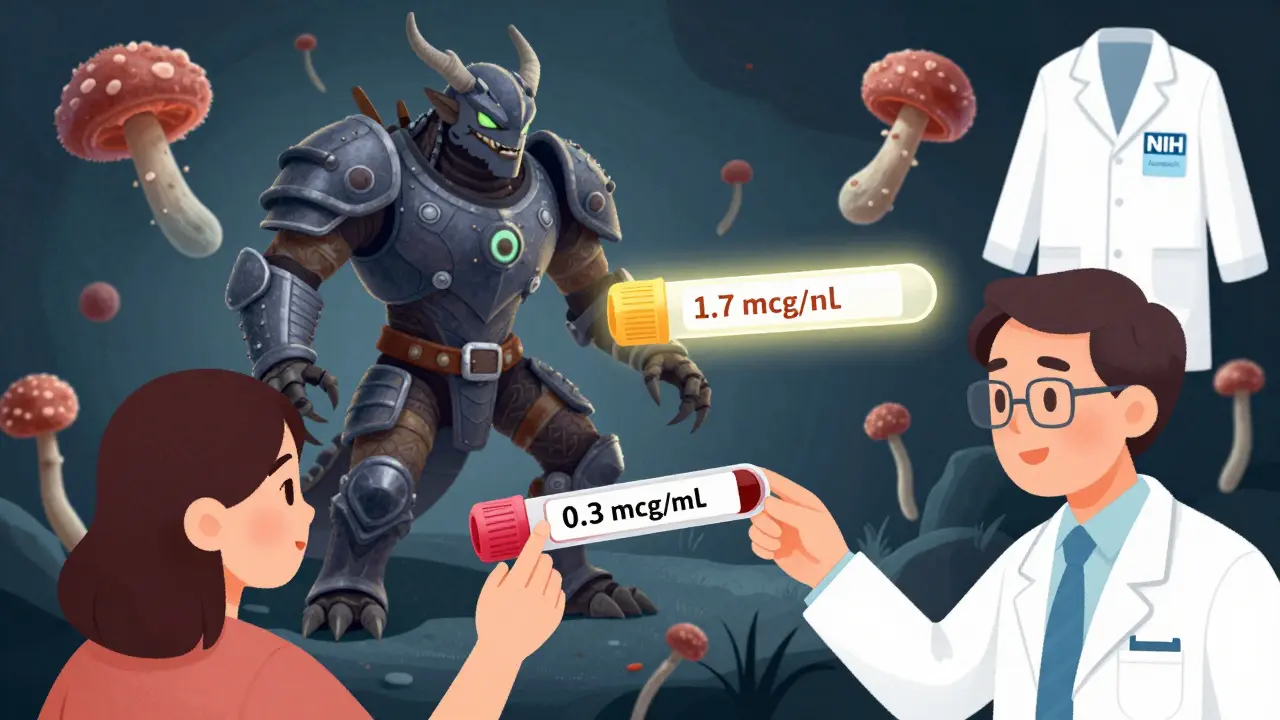 Fungal spore evolving into a resistant dragon due to low antifungal levels from PPI use, with blood test comparisons shown.