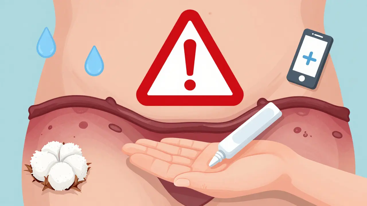 Medical warning symbol over genital area with fading necrotic skin, water droplets, cotton fabric, and alarm icon.