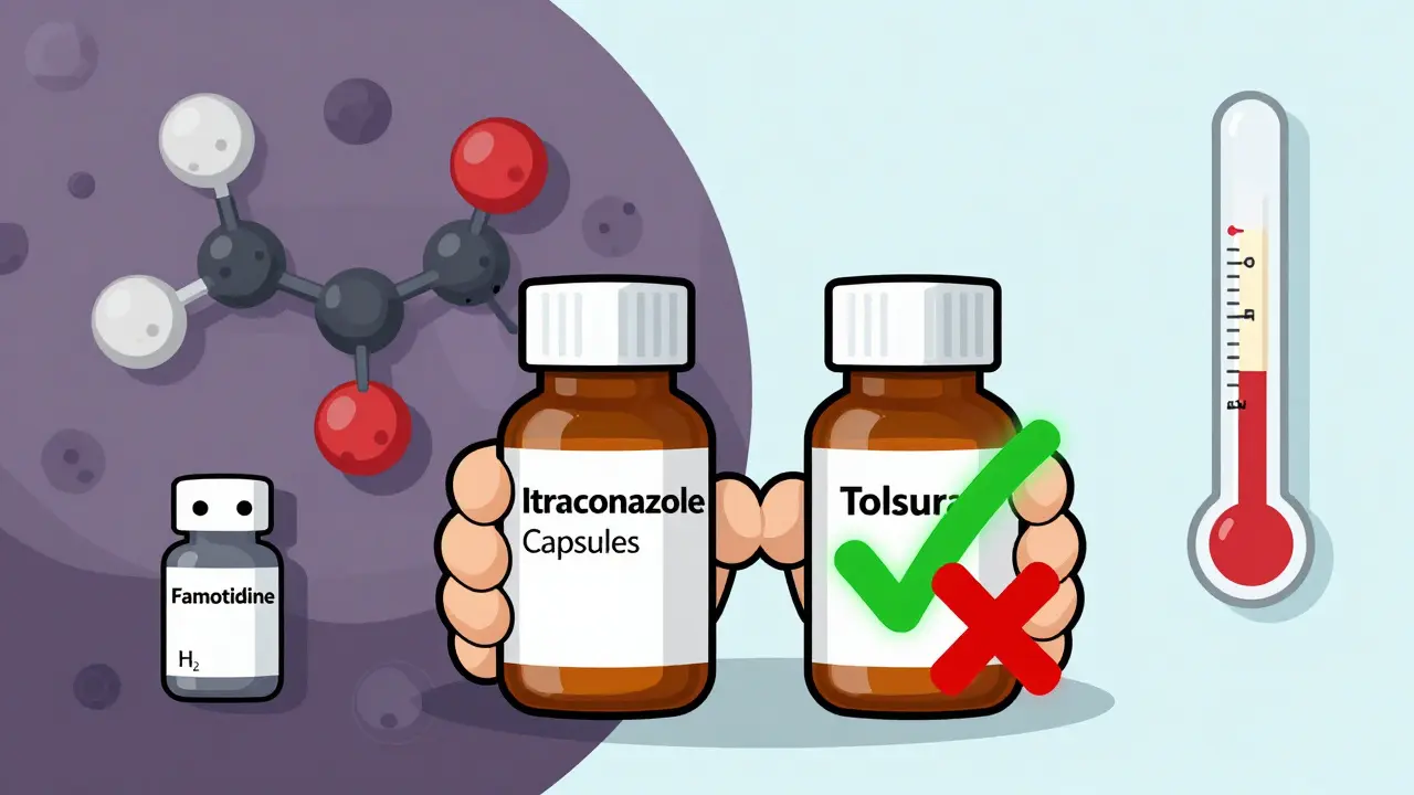 Pharmacist comparing itraconazole capsules and Tolsura, with PPI and H2 blocker molecules influencing drug absorption.