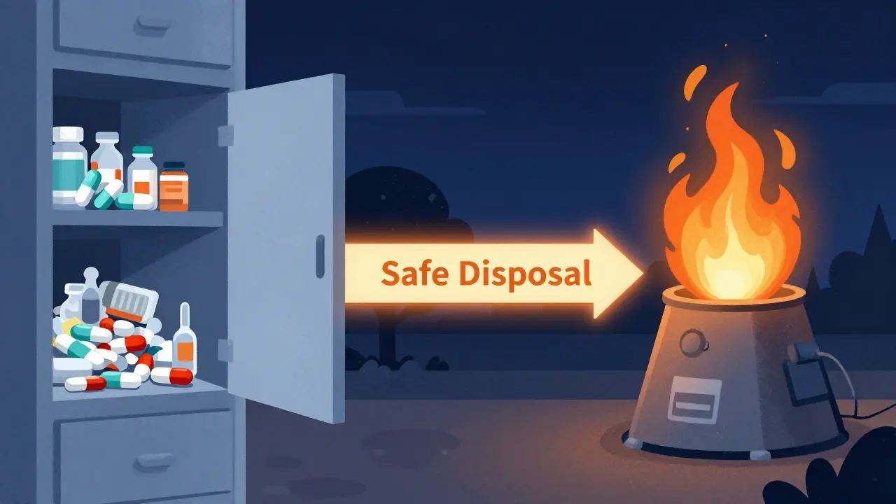 The journey of collected drugs from a medicine cabinet to secure incineration for environmental safety.