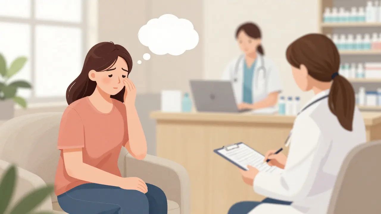 Therapist and patient with anxiety-to-calm thought bubbles