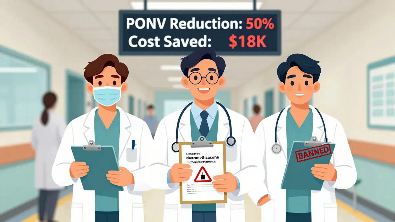 Three doctors in a hospital hallway holding different antiemetics, with one flagged as dangerous, another banned, and the third winning with cost savings shown on a scoreboard.