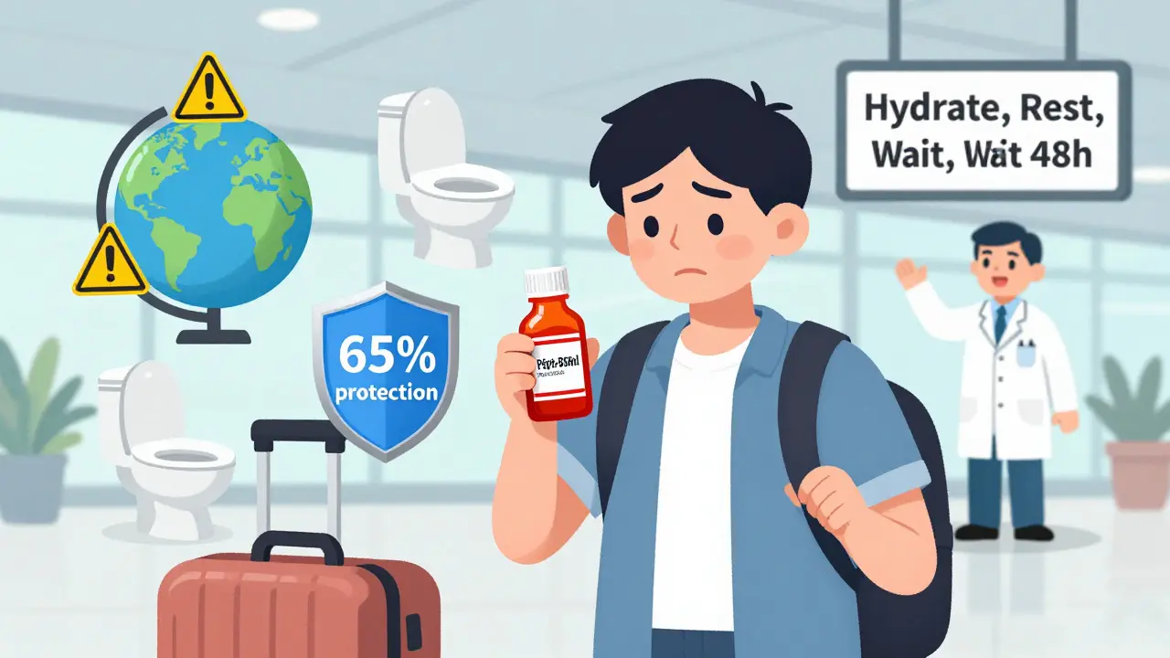 Traveler with Pepto-Bismol bottle surrounded by travel and health icons, doctor in distance