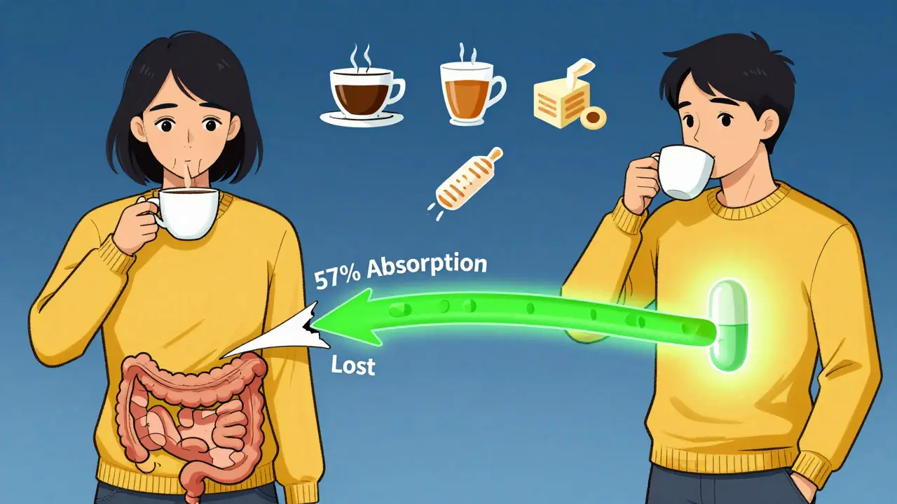 Two side-by-side morning routines show coffee interfering with pill absorption versus optimal timing.