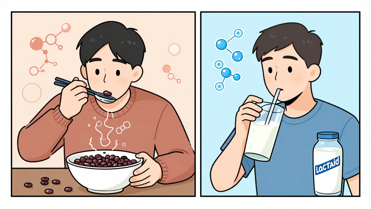 Two side-by-side scenes showing enzymes breaking down lactose in milk and complex carbs in beans before digestion.