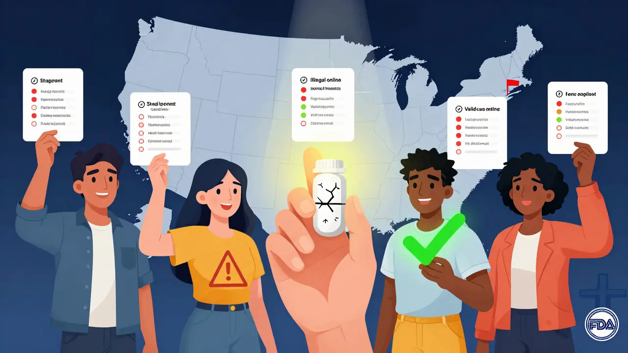 A checklist of legitimate generic drug features floating beside people holding pills, with a warning sign next to a counterfeit pill.