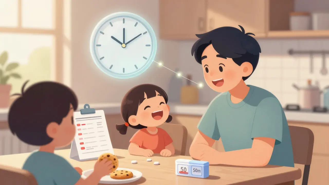 A patient watches a grandchild laugh, while a slow-ticking clock and blood test report hint at the drug's trade-offs.