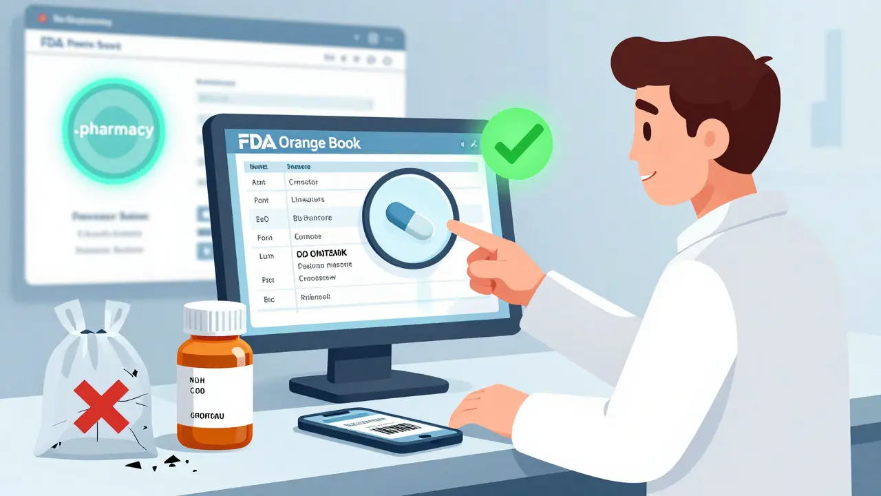 A pharmacist showing a digital FDA database match on a screen while a smartphone scans a barcode on a sealed prescription bottle.