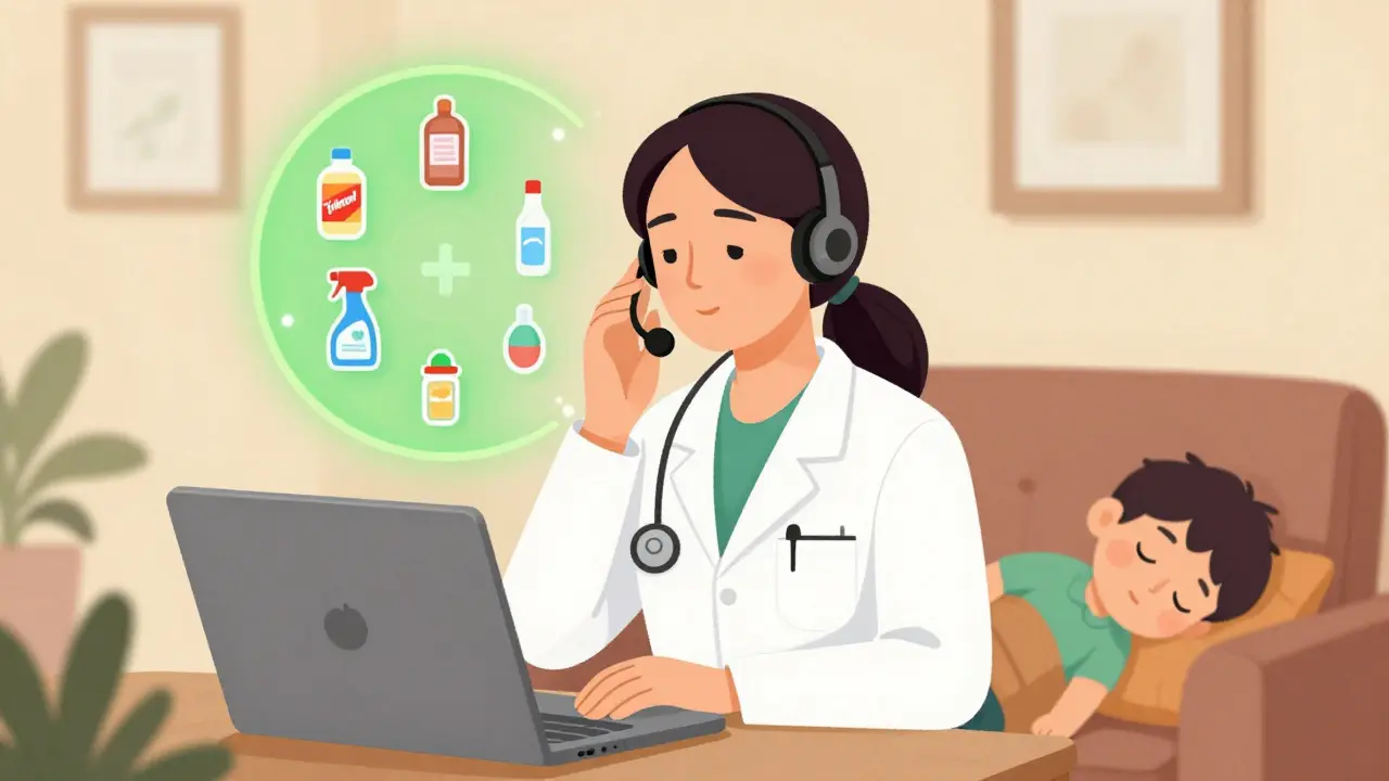 A Poison Control specialist on the phone, surrounded by common household items, with a child sleeping safely nearby.