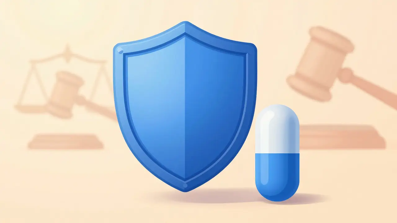 A shield protecting a pill, illustrating trademark law in medicine.