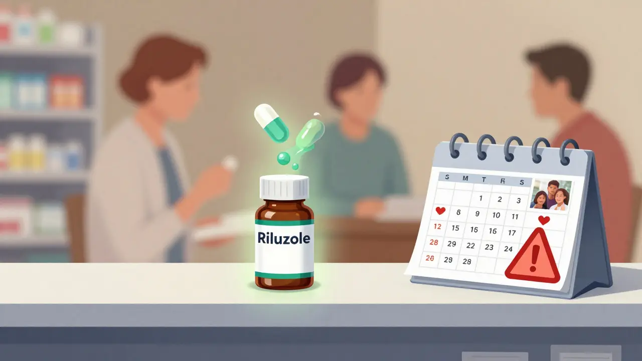 A single glowing Riluzole bottle on a shelf beside a calendar marked with family moments, representing extended time.