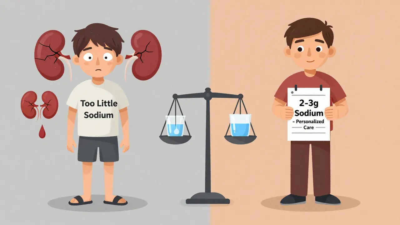 Contrasting images: one person weak from too little sodium with failing kidneys, another balanced with moderate salt and doctor's note.