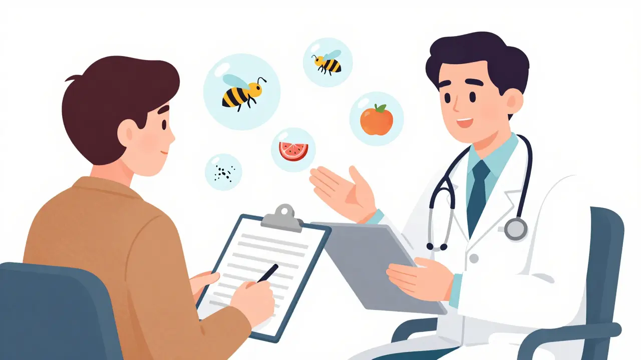 Doctor discussing medical results with a patient surrounded by floating allergen icons