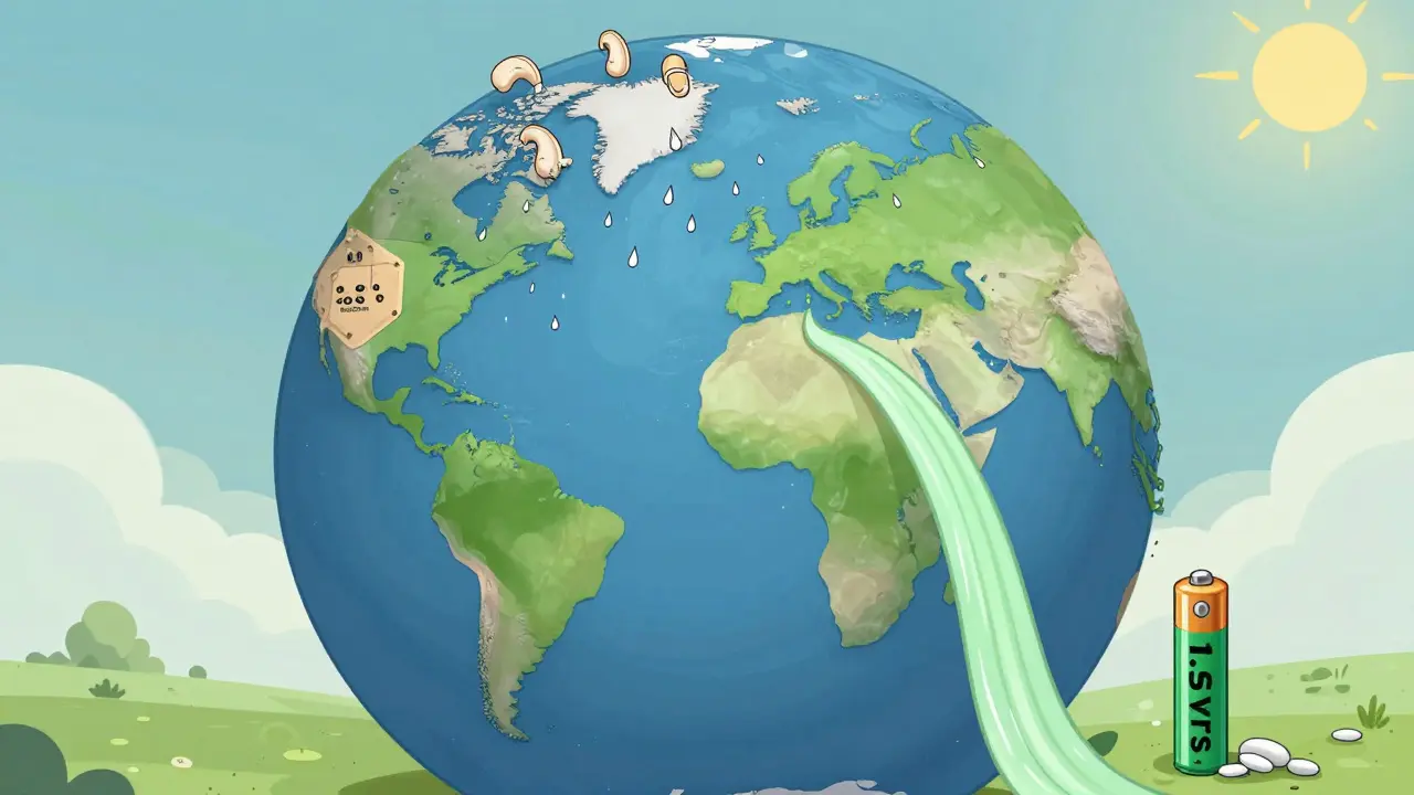 Earth with hearing aid waste falling from the U.S. while rechargeable devices flow in from other regions, symbolizing environmental impact.