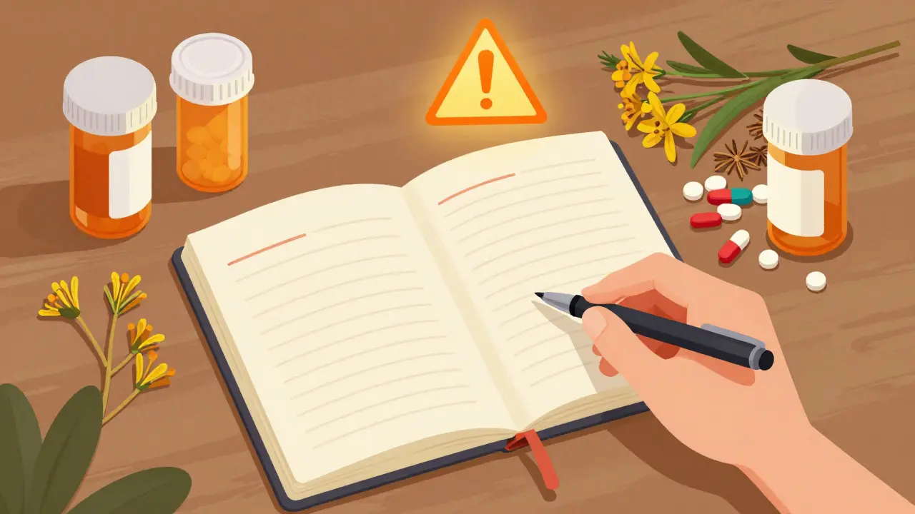 Illustrated patient checking medication logs alongside bottles for safety.