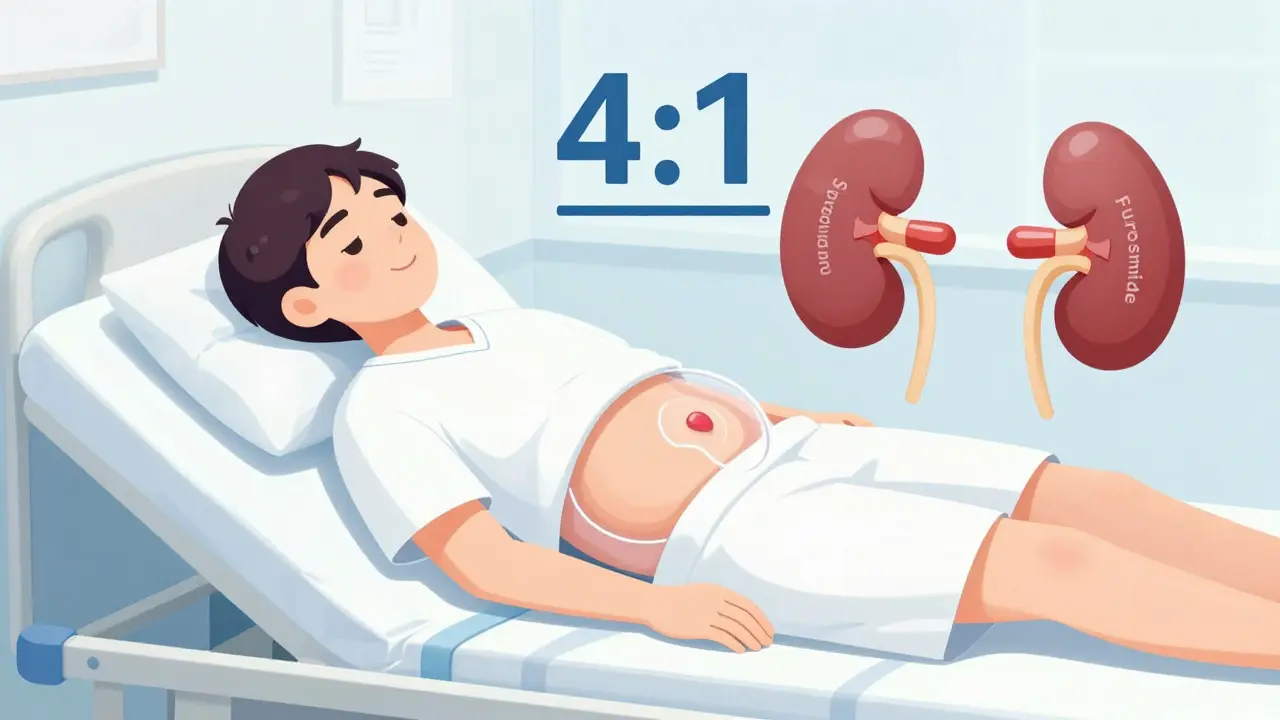 Patient with transparent abdomen showing fluid buildup, two diuretic pills floating nearby with 4:1 ratio symbol, medical tones.