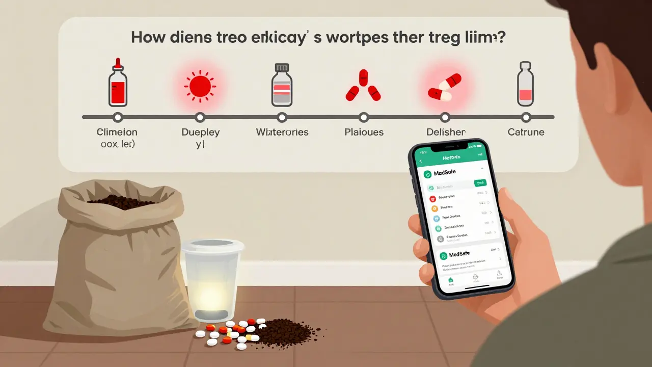 Person using medication app to track expiration dates, expired pills in trash mixed with coffee grounds, drug take-back bin nearby.