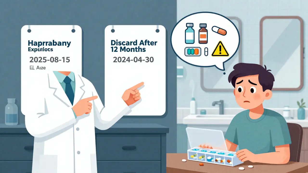 Pharmacist explaining differing expiration labels on medication bottles, patient confused, insulin and antibiotics with warning symbols.