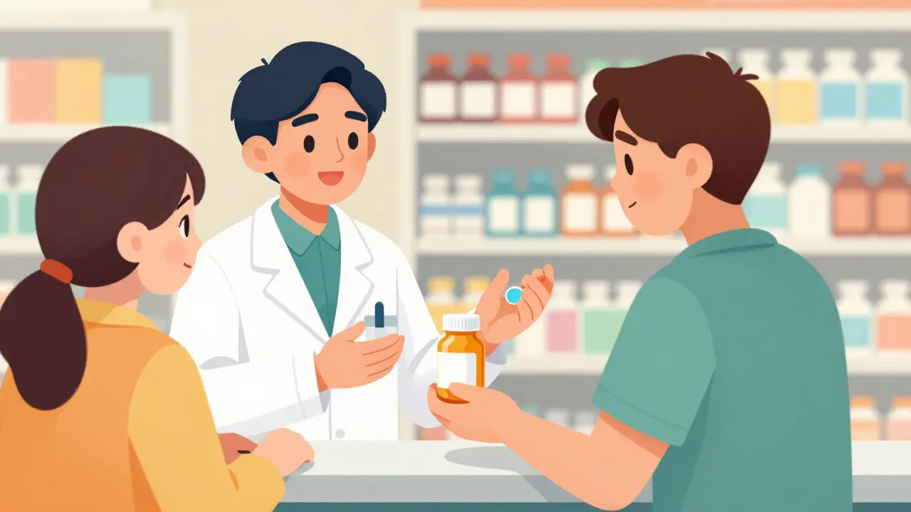 Pharmacist handing medicine to a patient at a pharmacy counter.