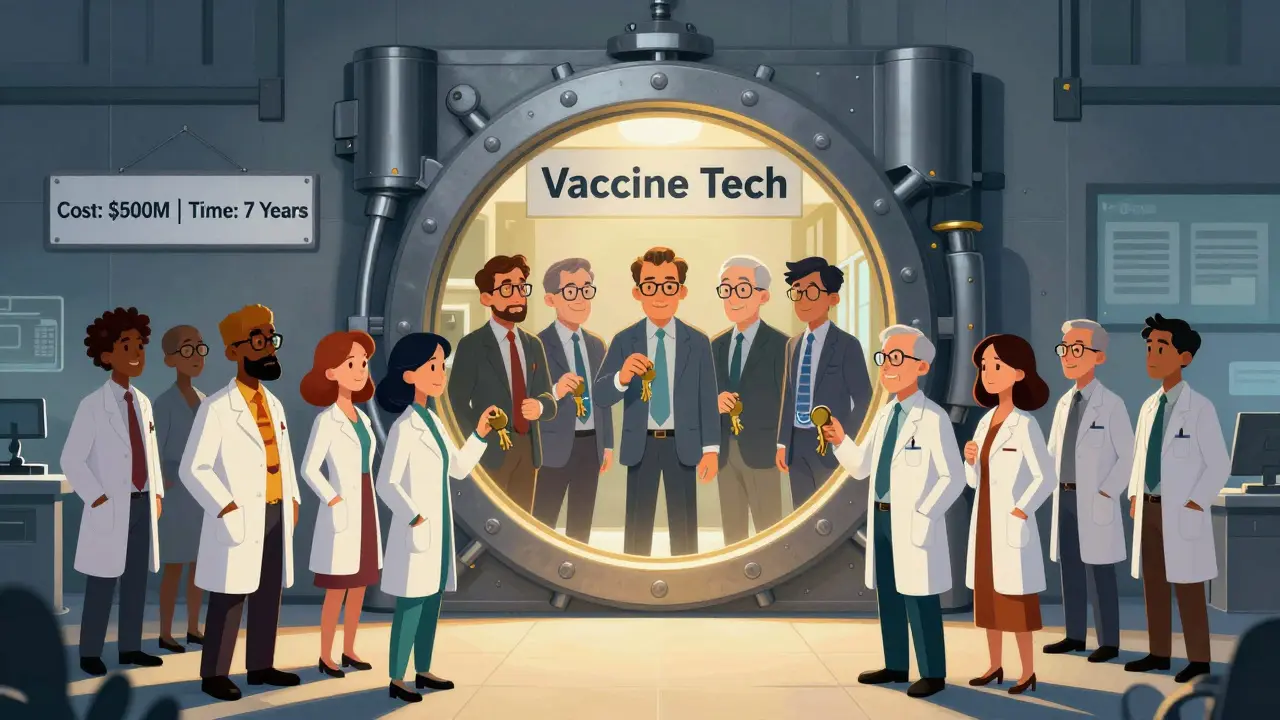 Scientists from low-income nations stand before a locked vault labeled 'Vaccine Tech', while only five corporate executives hold the keys.