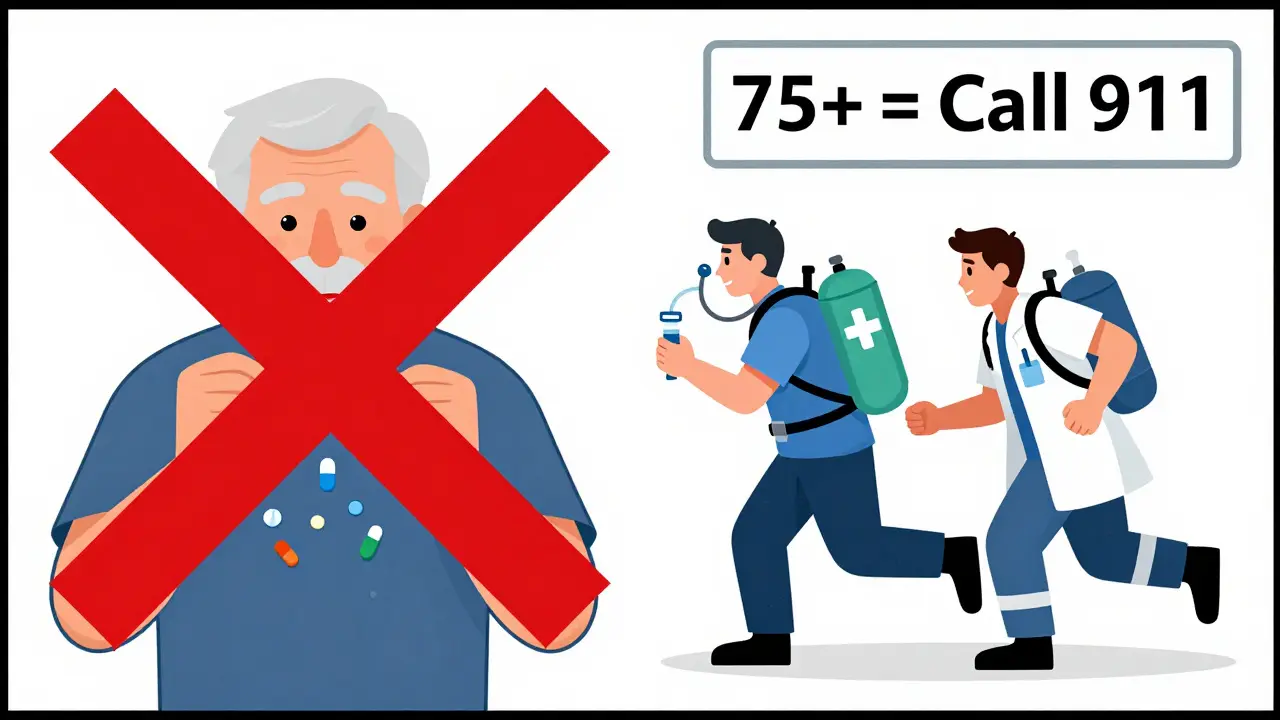 Split scene: elderly person taking multiple pills on left, paramedics rushing in on right, with warning iconography.
