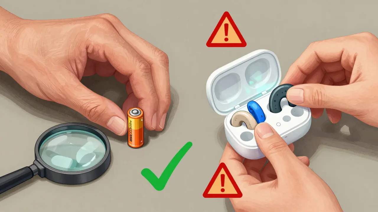 Two hands: one struggling to change a tiny battery, the other placing hearing aids into a charging case, with visual symbols comparing ease of use.