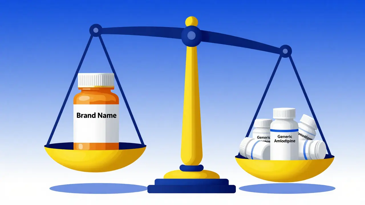 A balance scale comparing one expensive brand name pill bottle to many affordable generic ones.