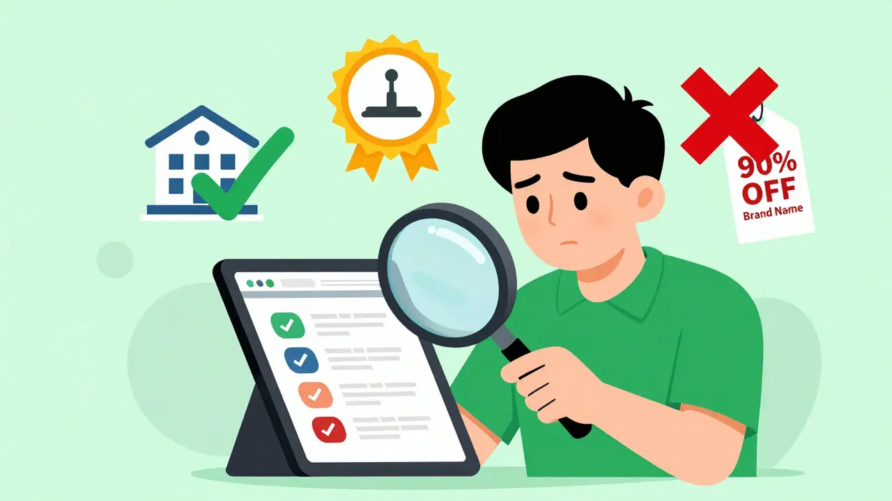 A person using a magnifying glass to verify the safety and licensing of an online pharmacy.