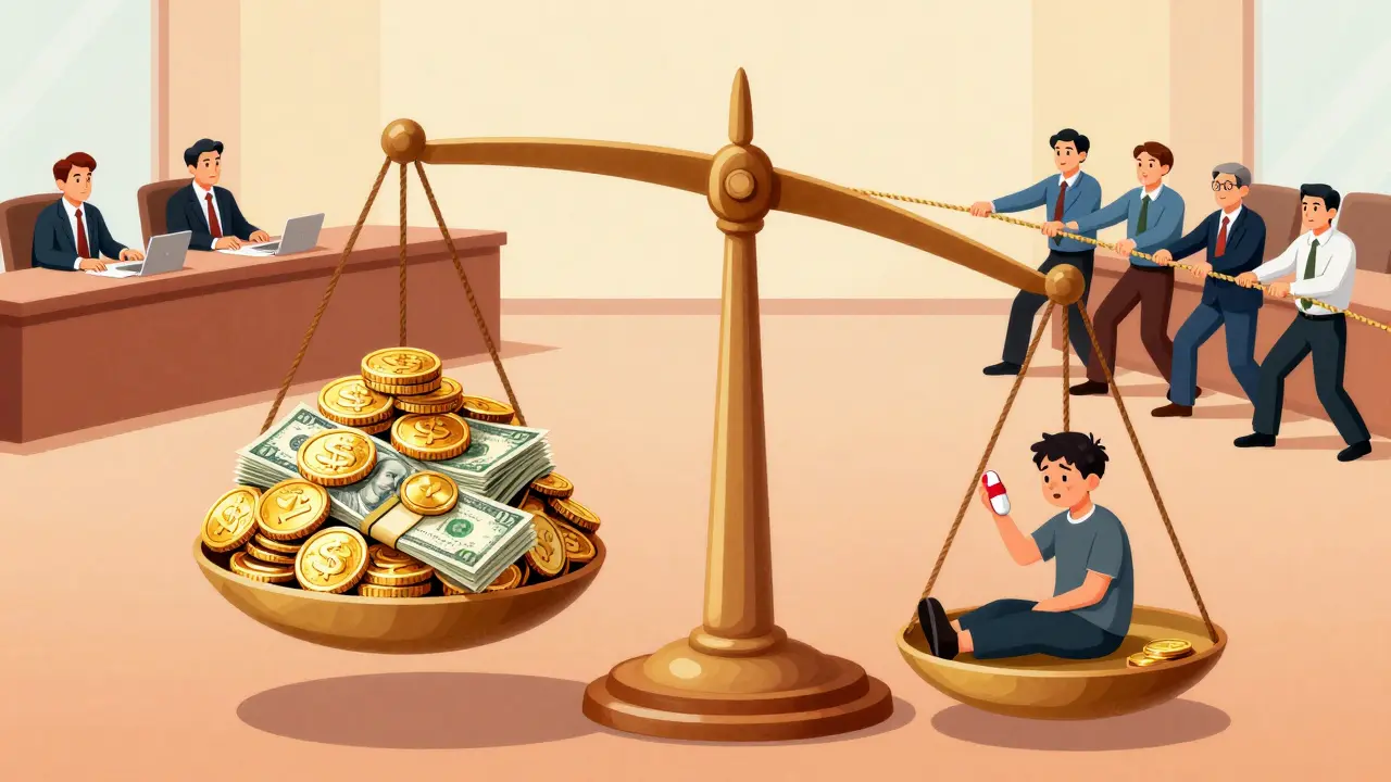 Cartoon illustration of a scale balancing a pile of gold against a patient with an expensive pill.