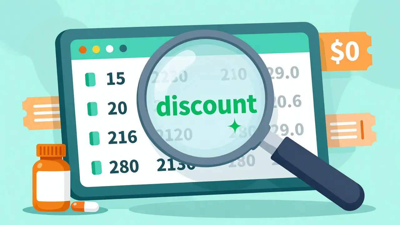 Cartoon magnifying glass showing price discounts for medication on a digital screen