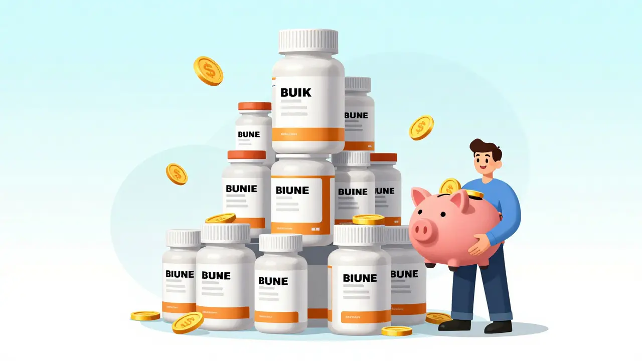 Cartoon showing a large bulk supply of generic medicine and a piggy bank symbolizing cost savings