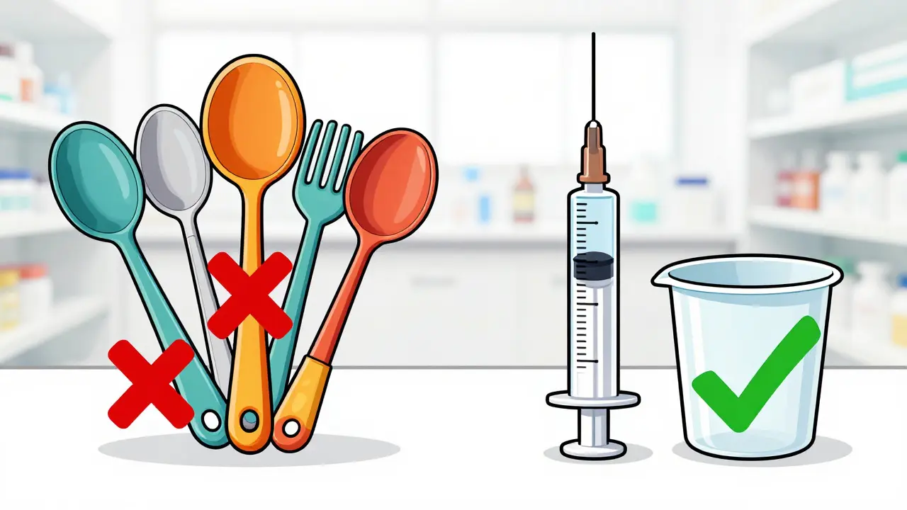 Comparison of incorrect kitchen spoons versus correct medical oral syringes and cups