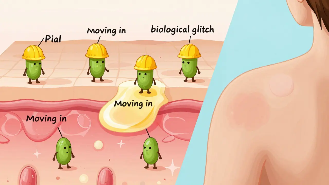 Conceptual illustration of yeast overgrowing in skin oil glands