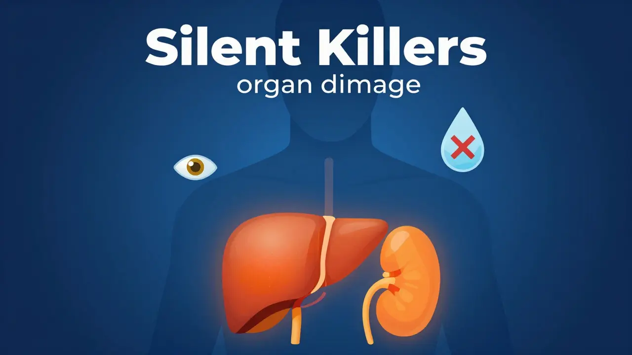 Conceptual illustration showing internal organ warning signs like jaundice and kidney distress.