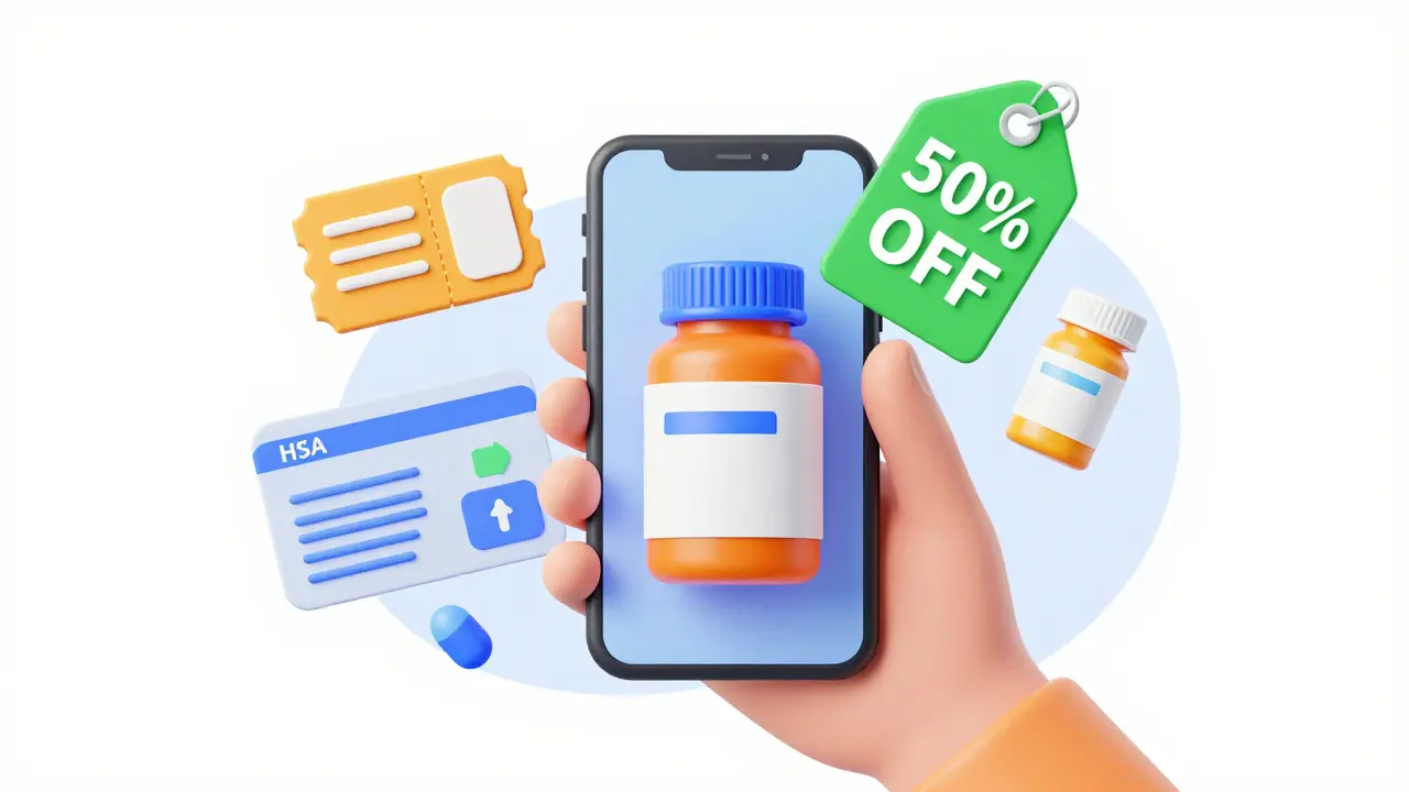 Digital illustration of a smartphone showing a discounted generic medication and HSA payment options