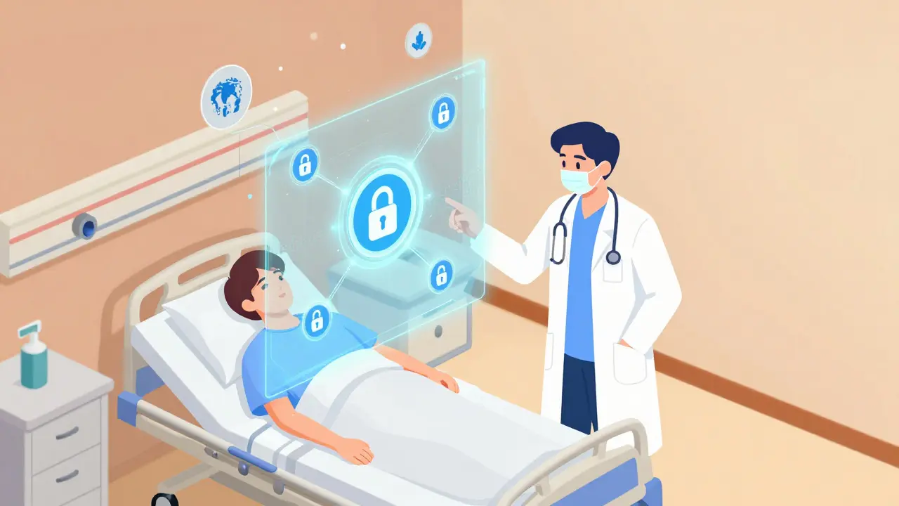 Doctor monitors digital security ensuring safe medicine delivery.