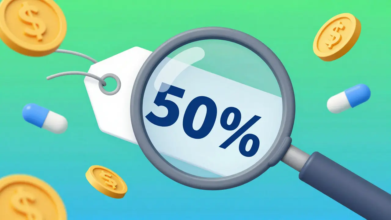 Editorial illustration of a magnifying glass showing a price drop for medication with gold coins.