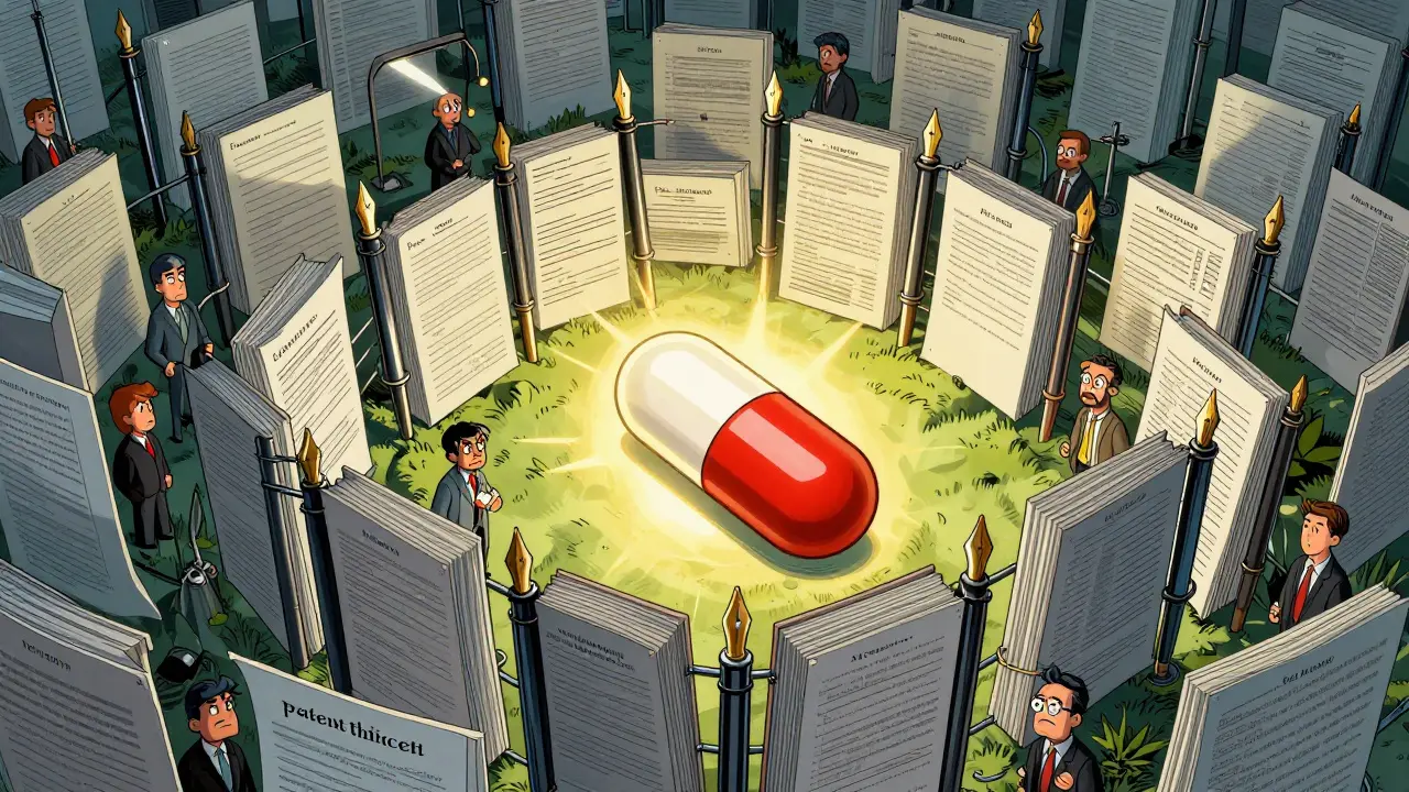 Editorial illustration of a medicine capsule surrounded by a thicket of legal documents and pens.