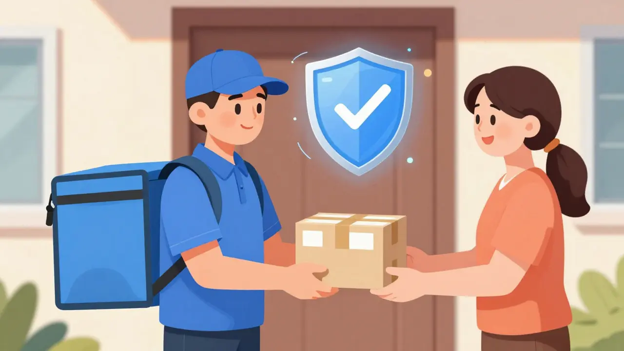 Illustration of a patient receiving a secure and verified medication delivery at home