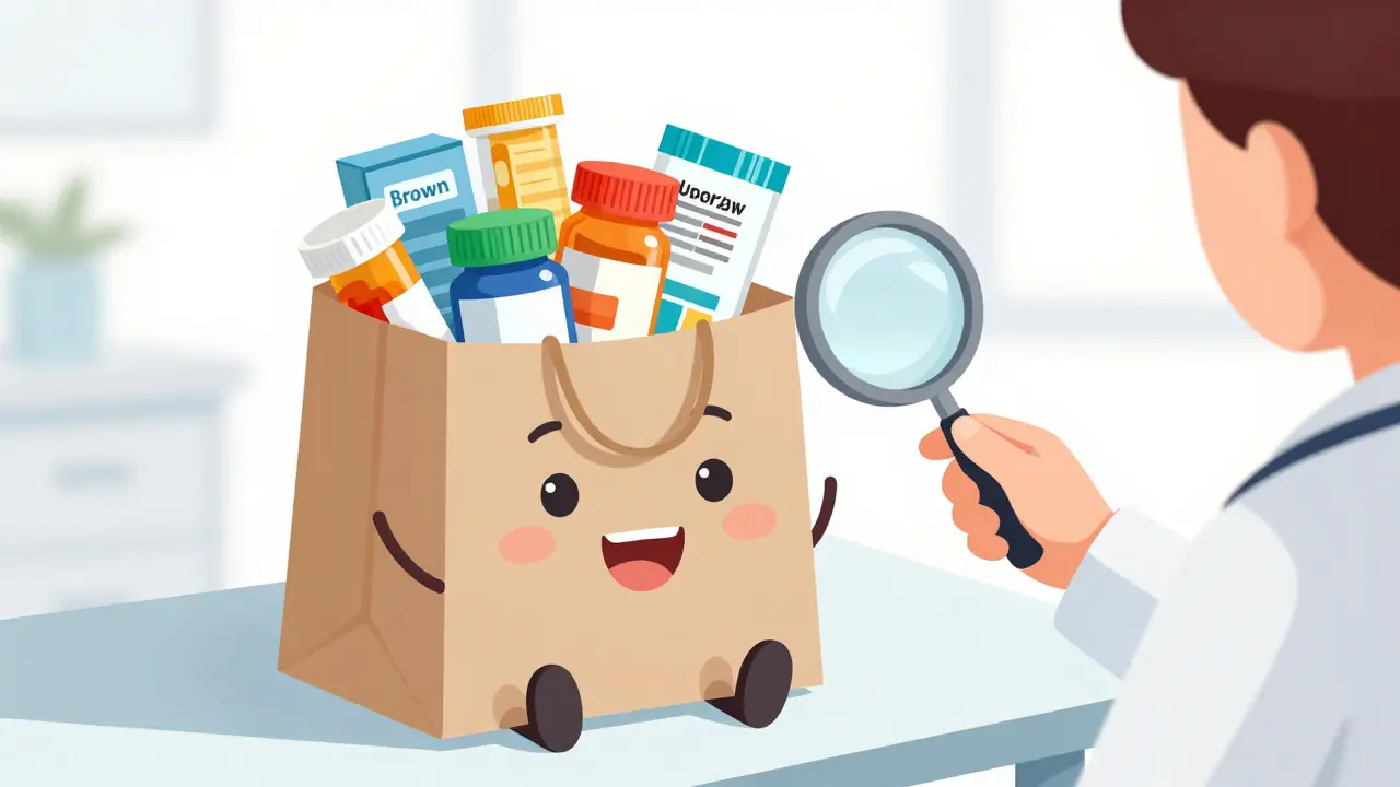 Illustration of the Brown Bag Method with various medications and supplements for a doctor's review.