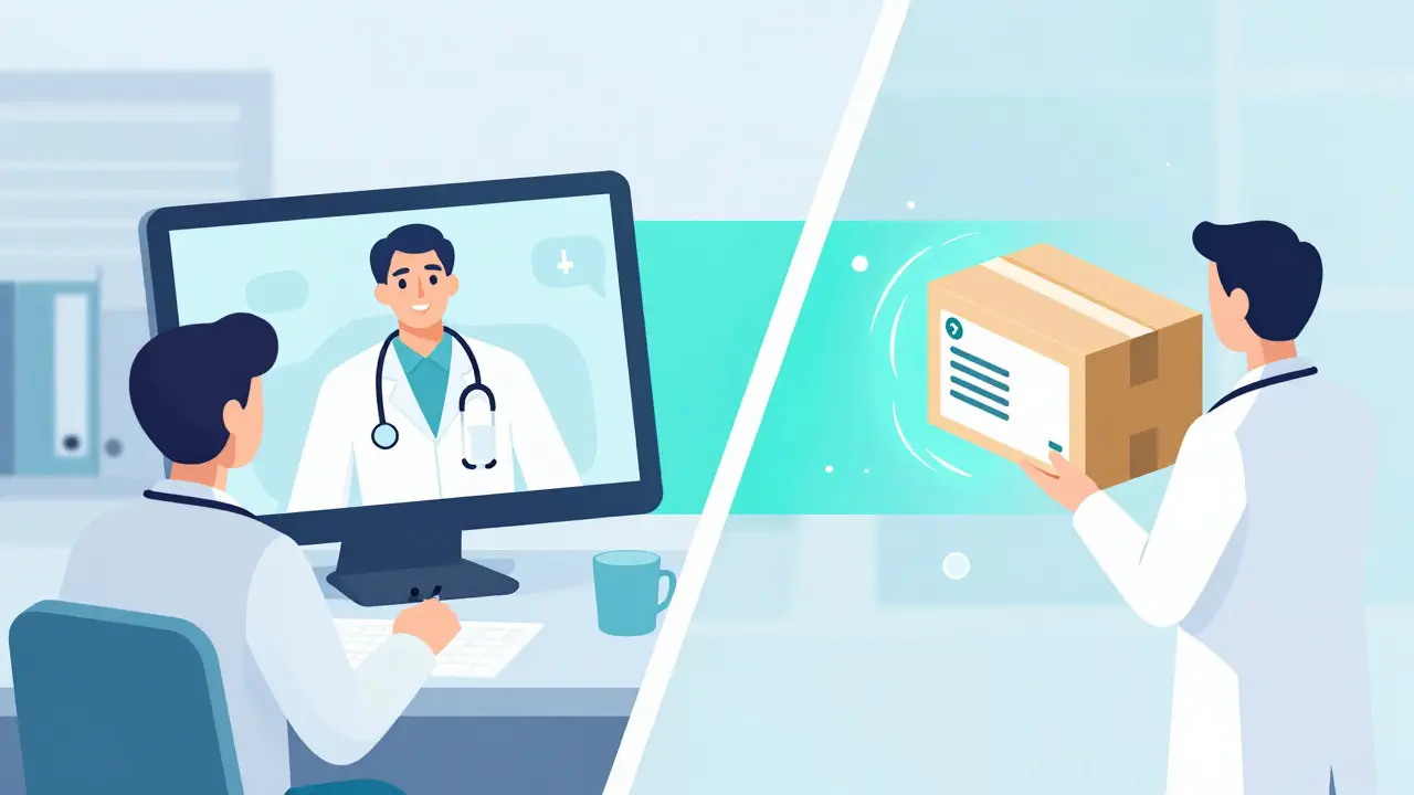 Illustration showing a telehealth doctor's consultation on a tablet leading to a home delivery package.