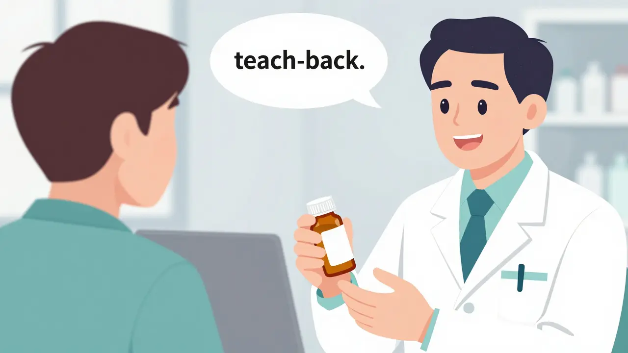Patient confirming medication dosage instructions with a pharmacist in a pharmacy