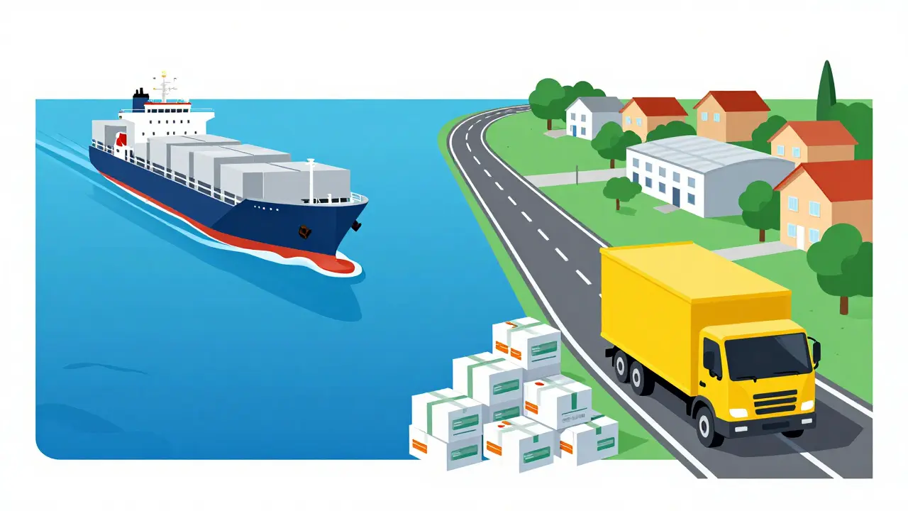 Shipping vessel and truck illustrate nearshore supply chain shifts.