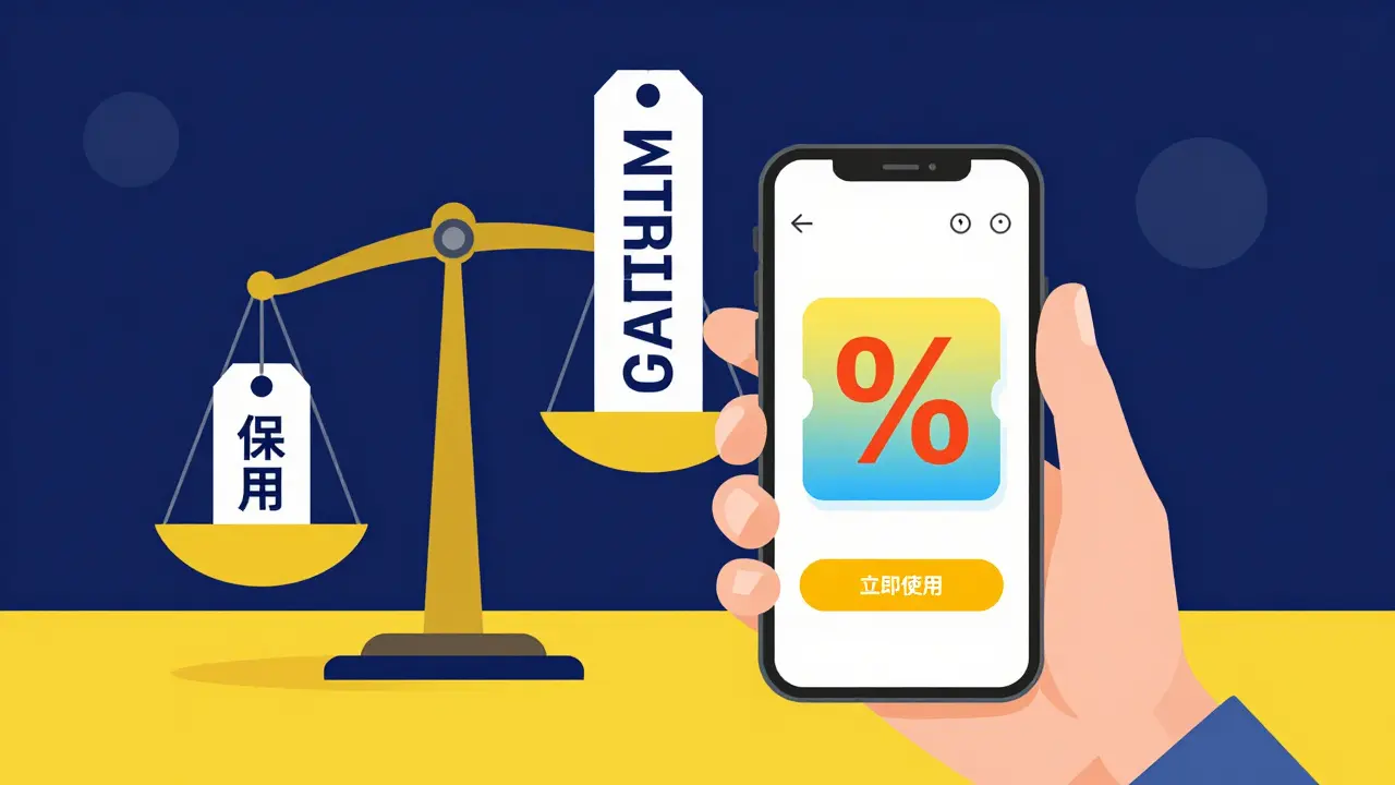 Smartphone showing a discount coupon next to a scale comparing medication prices